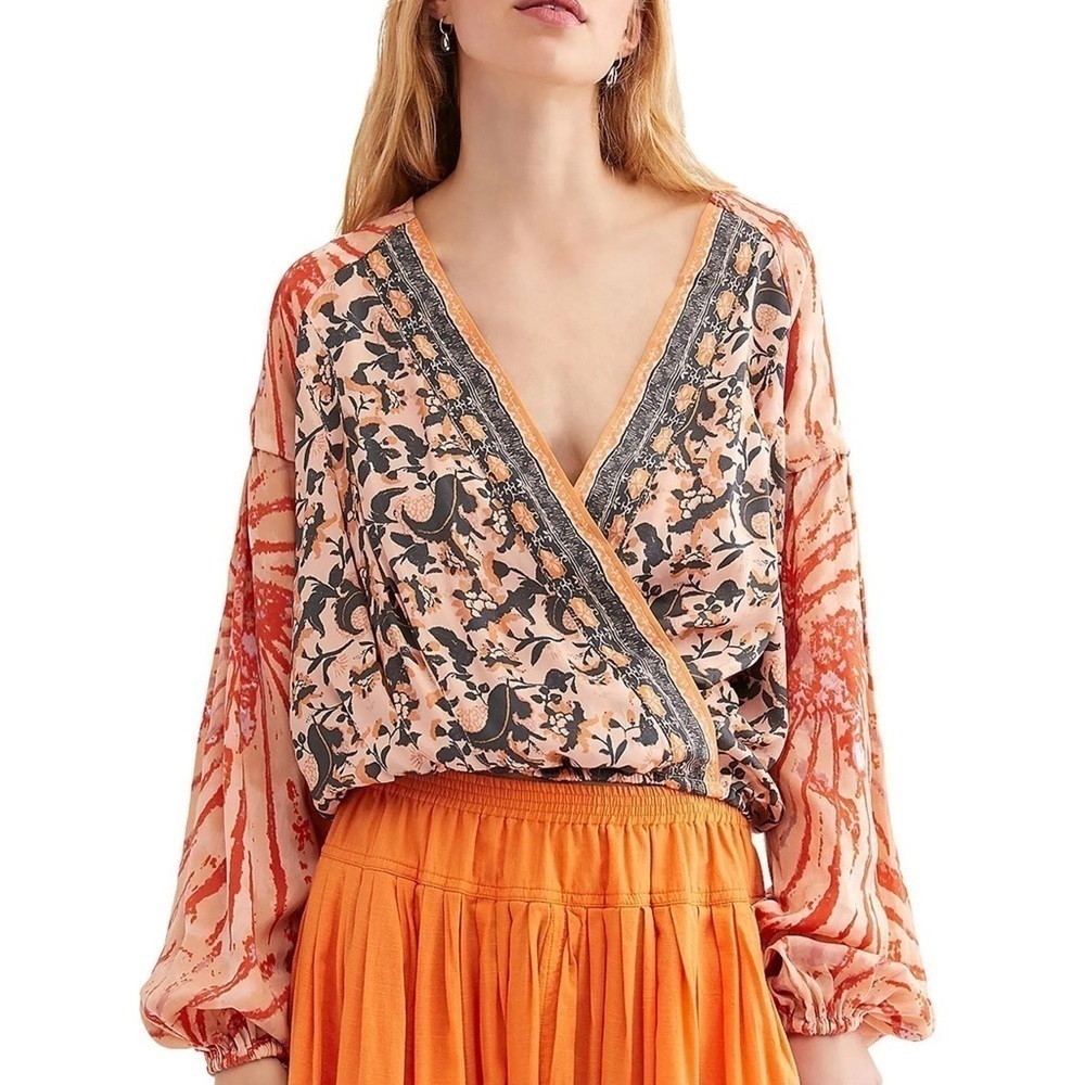 Free People Cruisin’ Together Floral Tie Dye multicolor Printed v-neck Top sz S